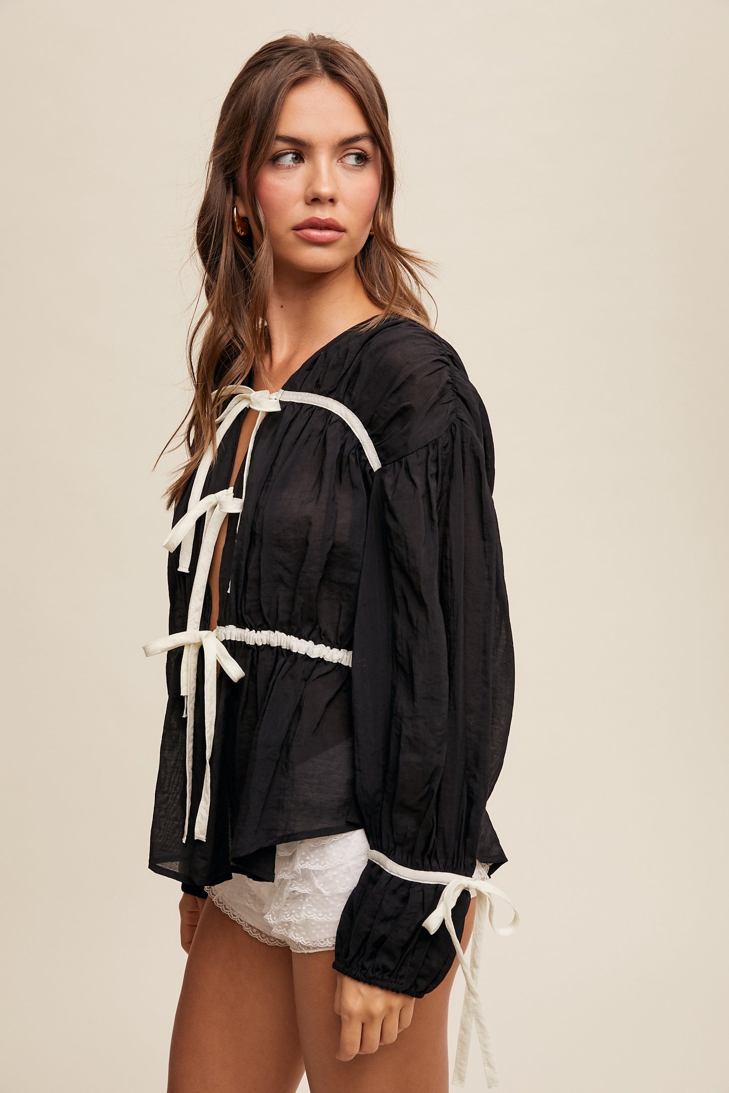 Bow Tie Front Long Sleeve Top