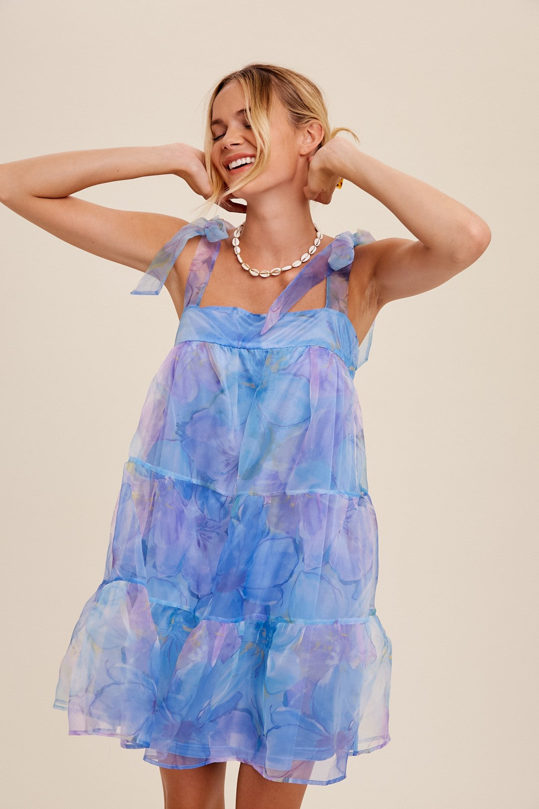 Blue Floral Organza Mini Dress