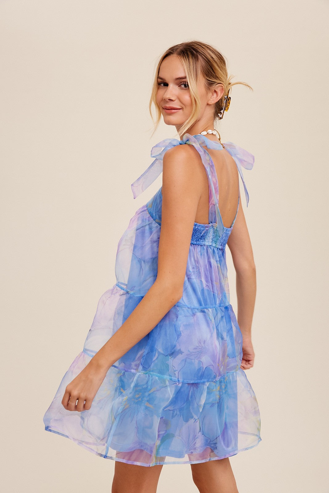 Blue Floral Organza Mini Dress