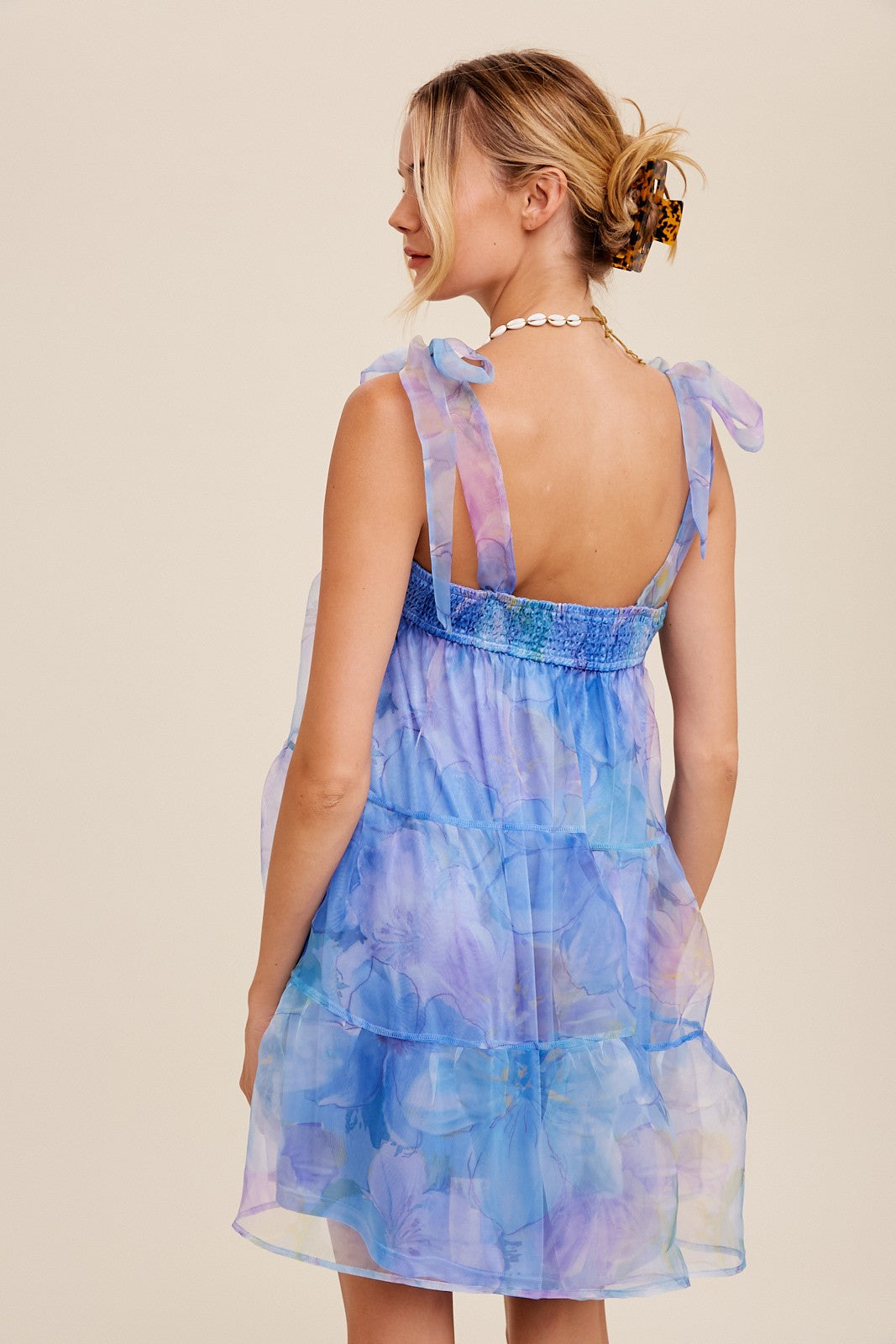 Blue Floral Organza Mini Dress