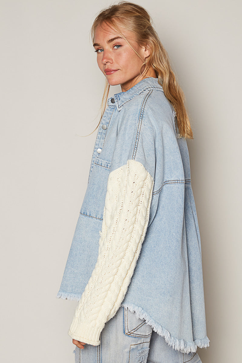 Cozy Cable Knit Sleeve Denim Shacket