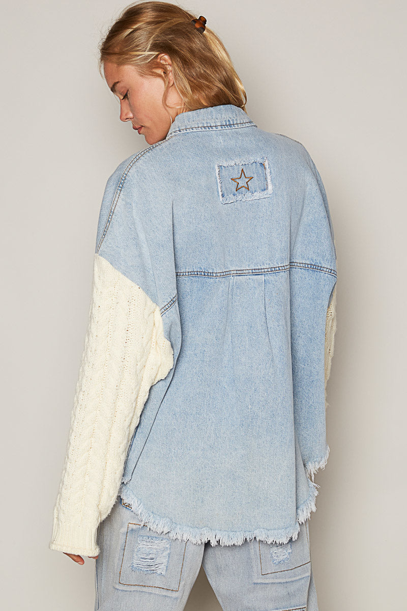Cozy Cable Knit Sleeve Denim Shacket