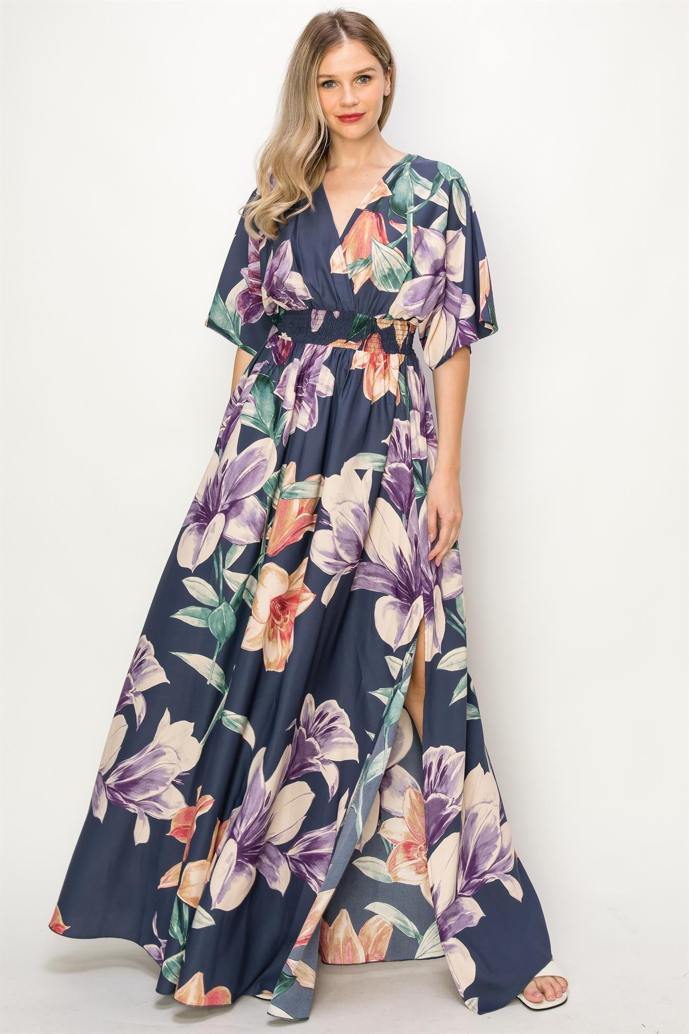 Navy Floral V-Neck Slit Maxi Dress