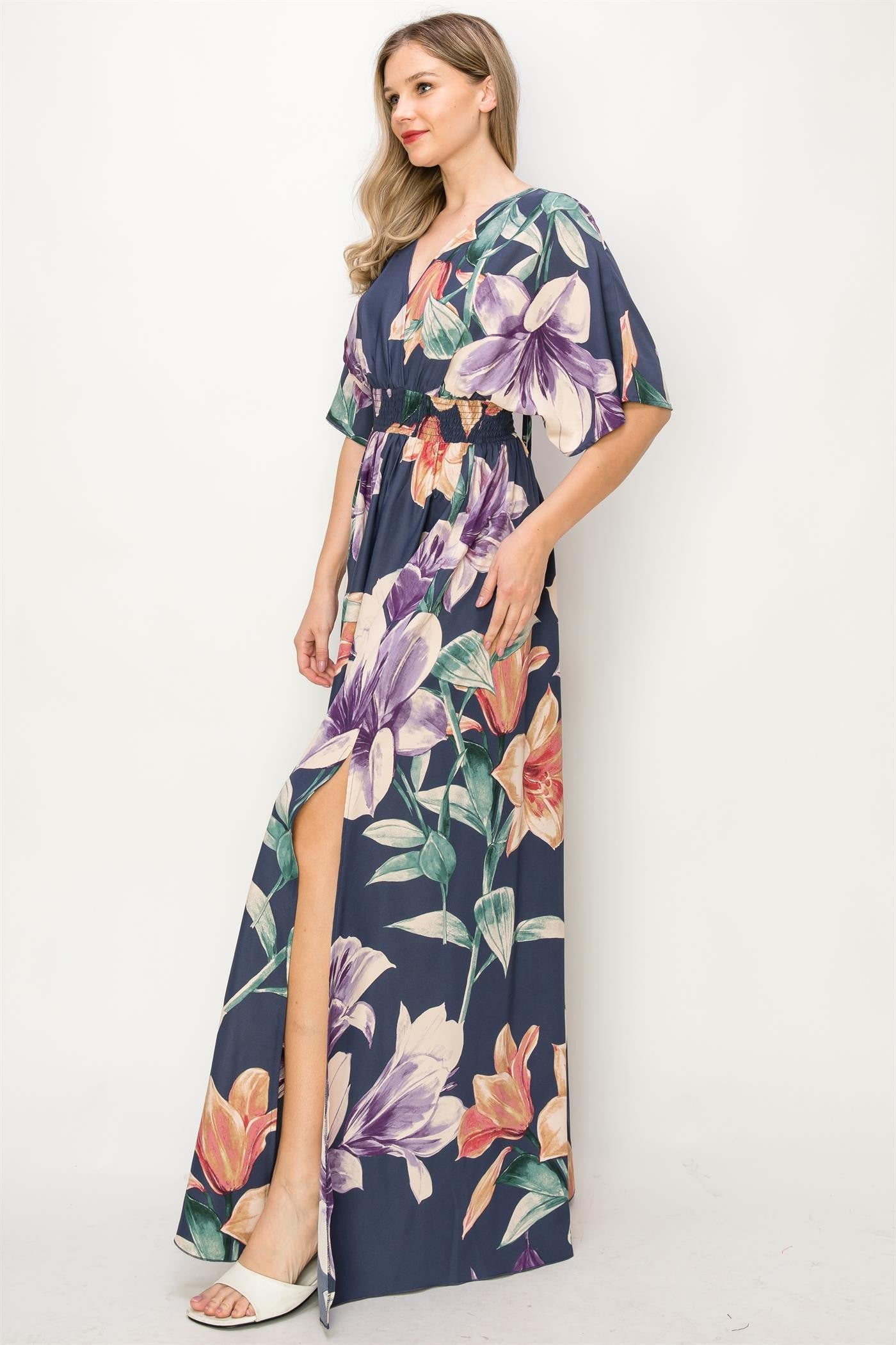 Navy Floral V-Neck Slit Maxi Dress