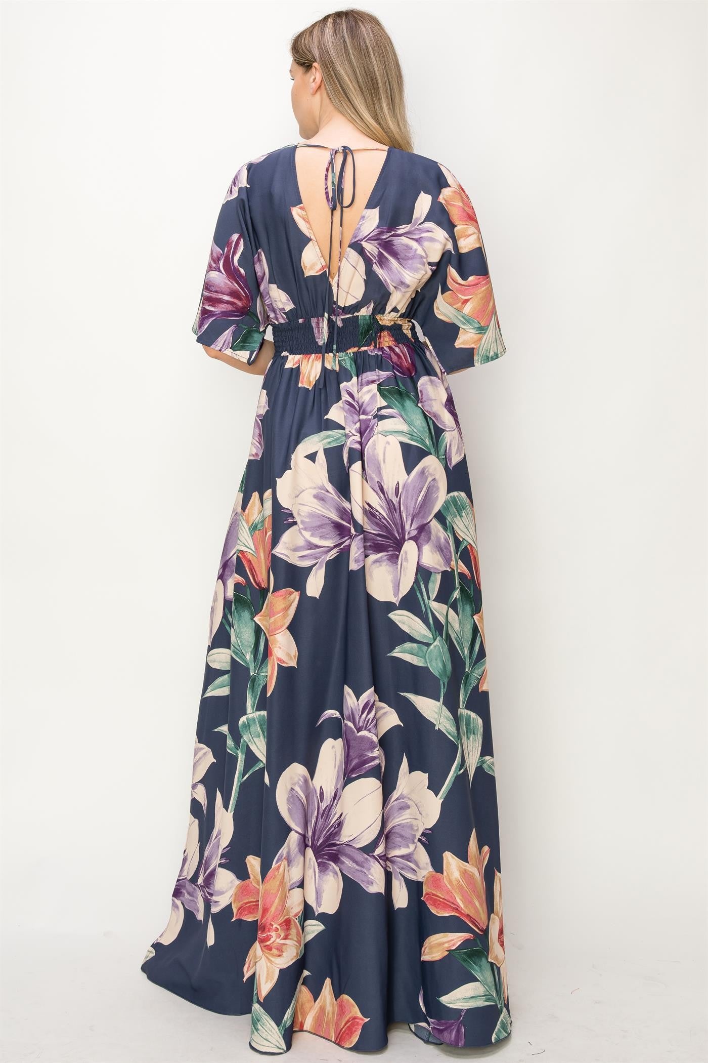 Navy Floral V-Neck Slit Maxi Dress
