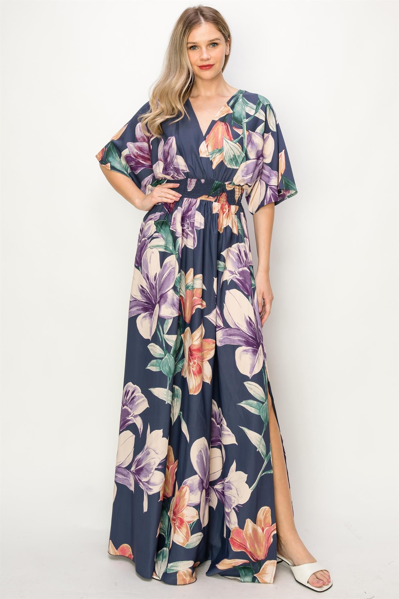 Navy Floral V-Neck Slit Maxi Dress