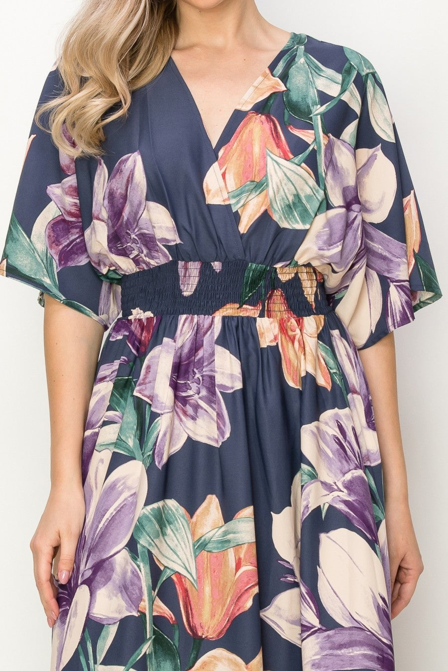 Navy Floral V-Neck Slit Maxi Dress