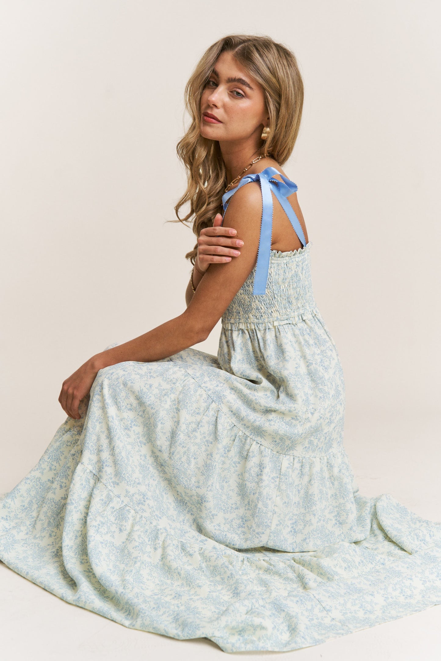 Fiona Blue Floral Empire Waist Tiered Maxi Dress