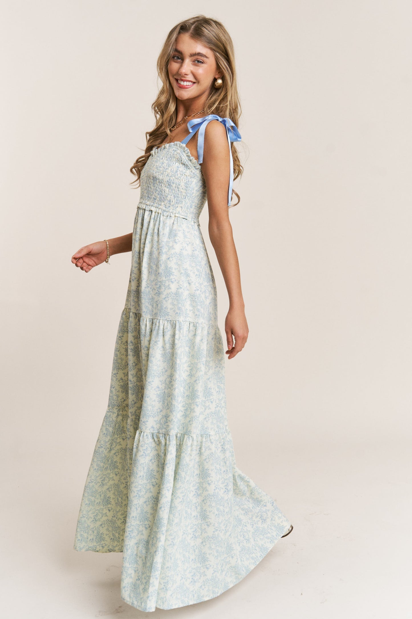 Fiona Blue Floral Empire Waist Tiered Maxi Dress