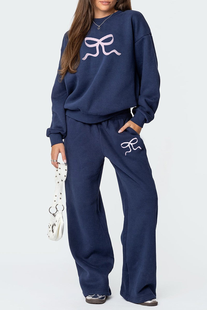 Navy Bow Sweatshirt and Pant Set