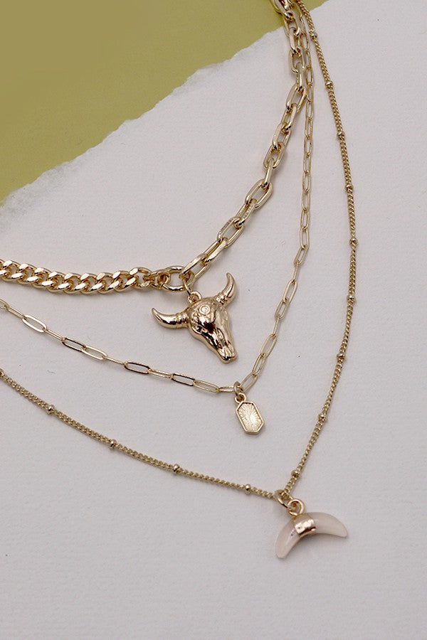 Western Boho Bull Horn Layered Necklace