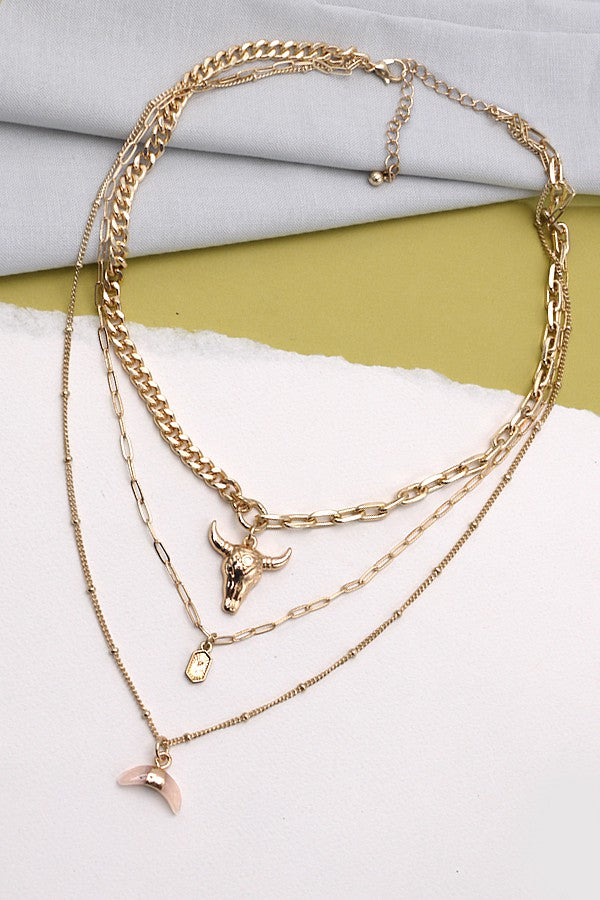 Western Boho Bull Horn Layered Necklace