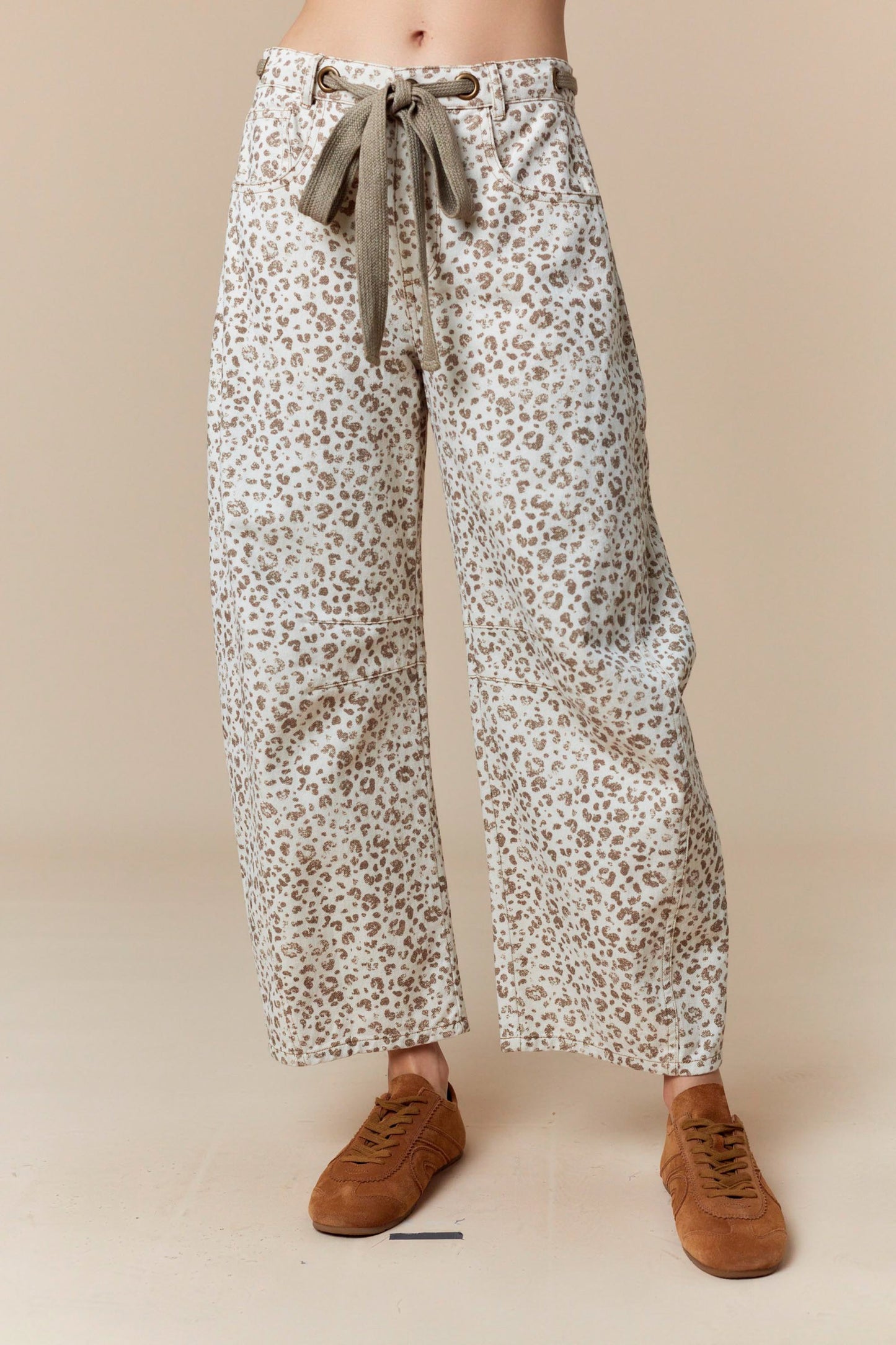 Lyla Waist Tie Leopard Print Denim Barrel Pants