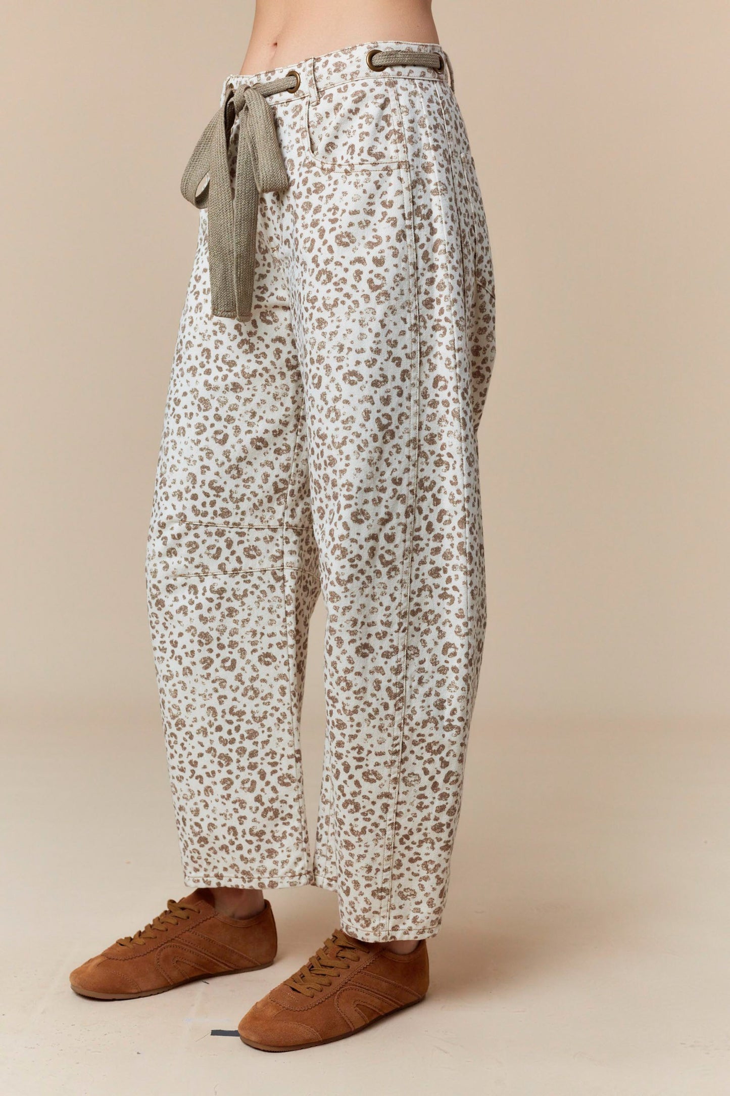 Lyla Waist Tie Leopard Print Denim Barrel Pants