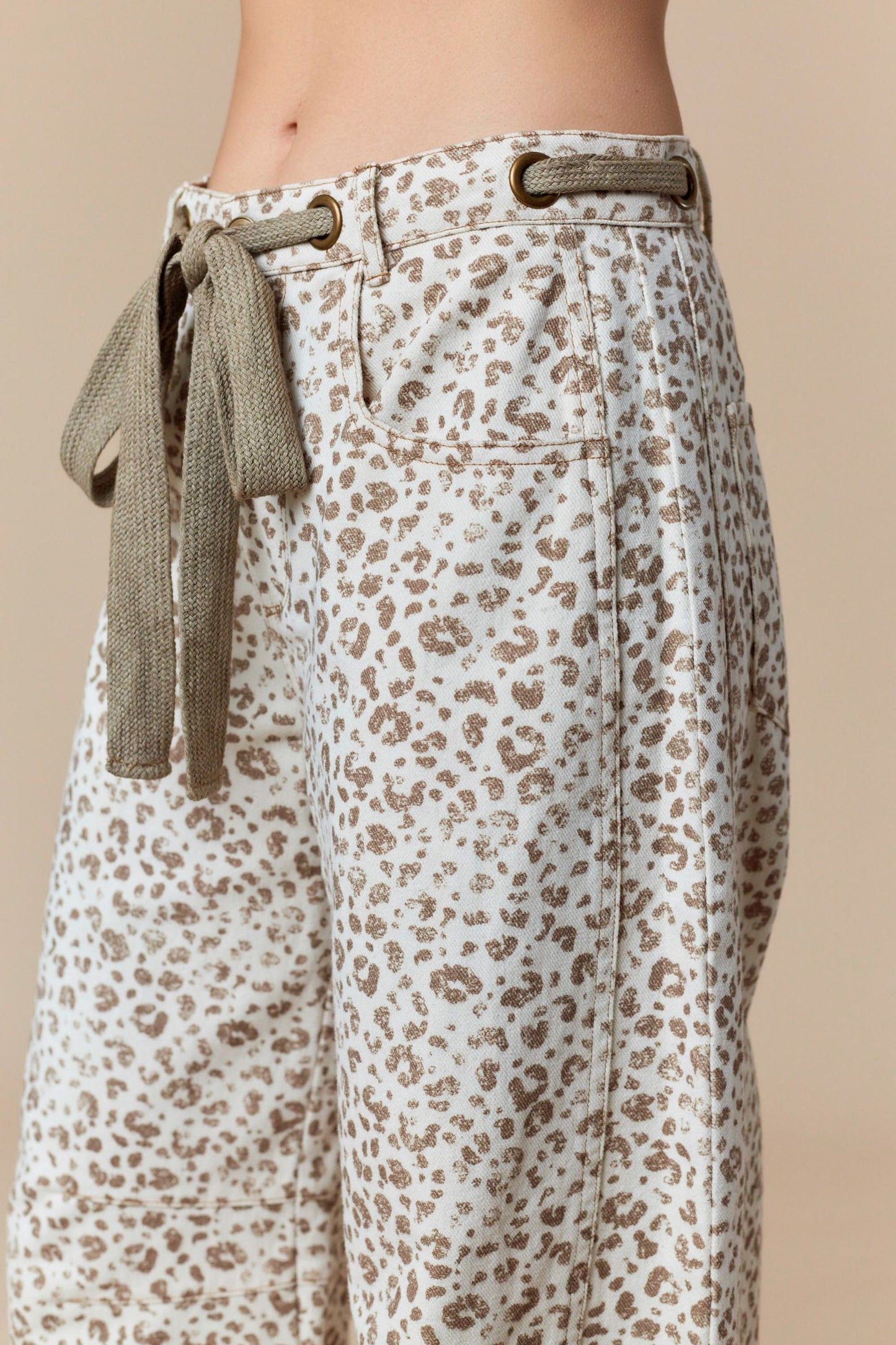 Lyla Waist Tie Leopard Print Denim Barrel Pants