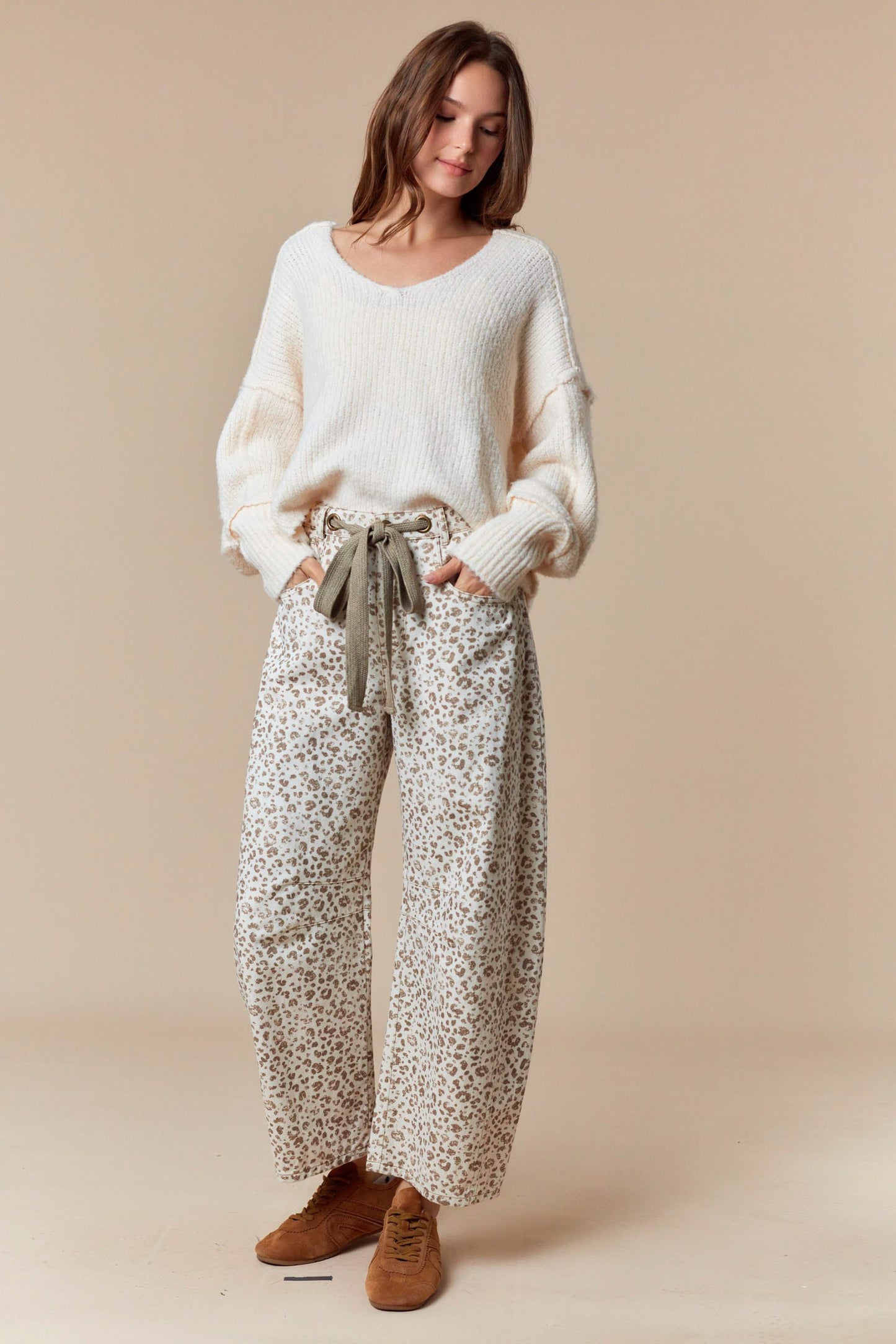 Lyla Waist Tie Leopard Print Denim Barrel Pants