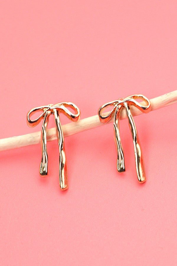 Long Gold Bow Ribbon Stud Earrings