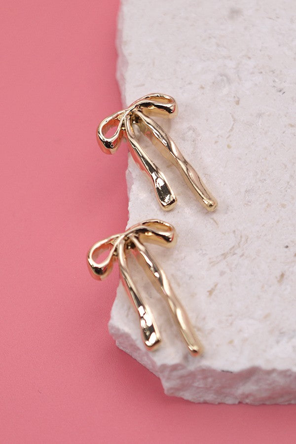 Long Gold Bow Ribbon Stud Earrings