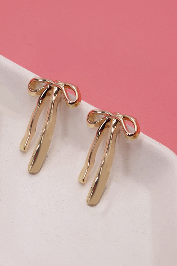 Long Gold Bow Ribbon Stud Earrings