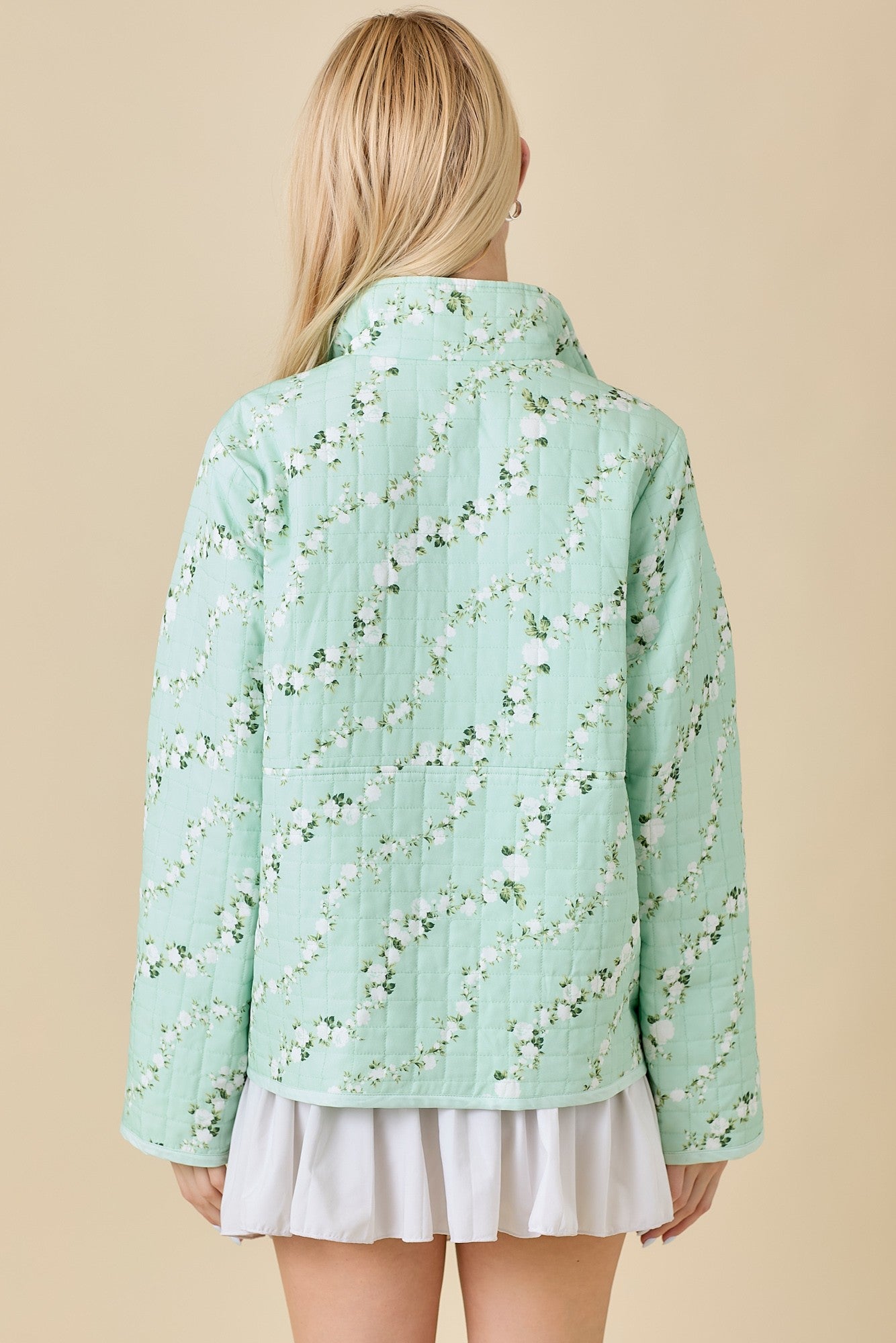 Mint Floral Half Snap Button Quilted Jacket