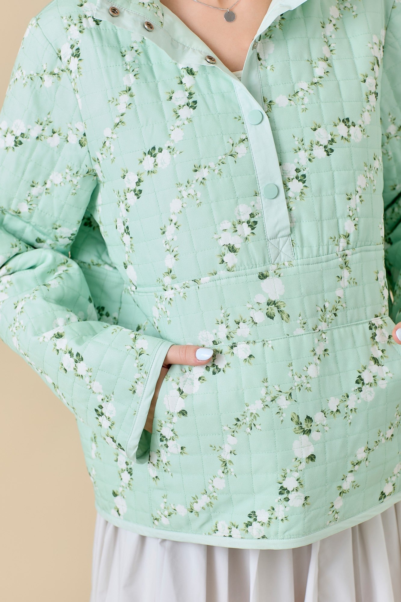 Mint Floral Half Snap Button Quilted Jacket