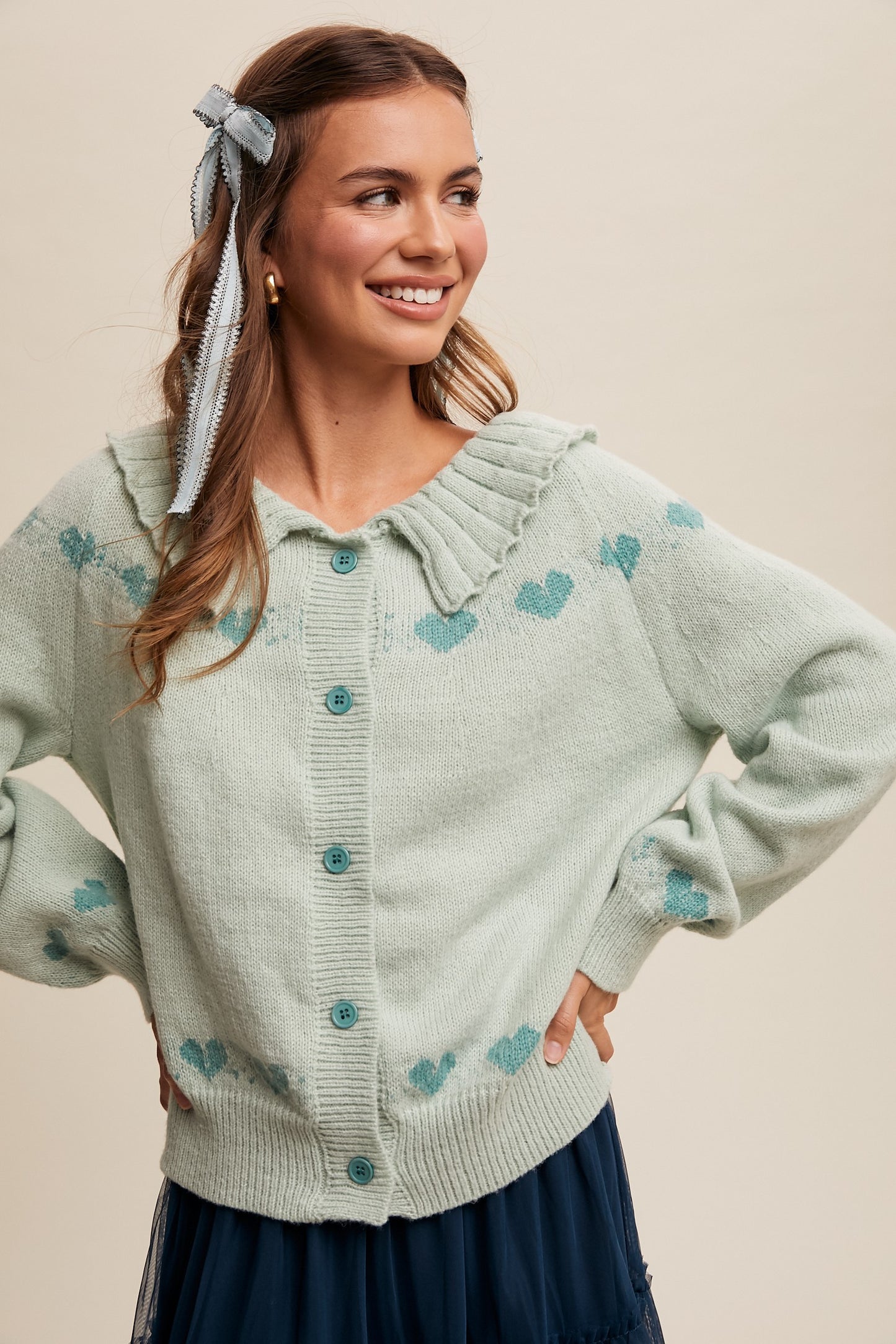 Mint Heart Ruffle Collar Knit Cardigan Sweater