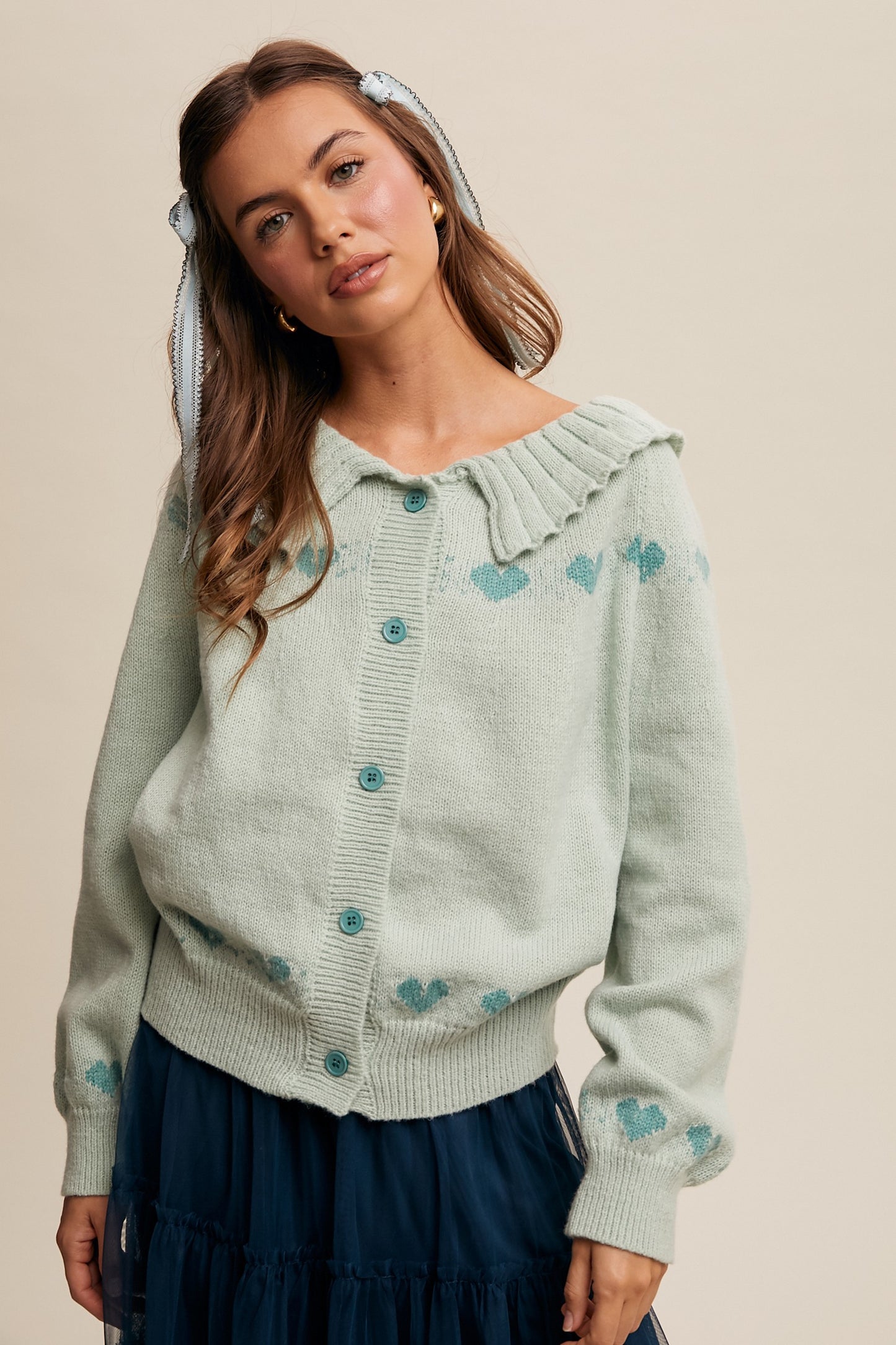Mint Heart Ruffle Collar Knit Cardigan Sweater