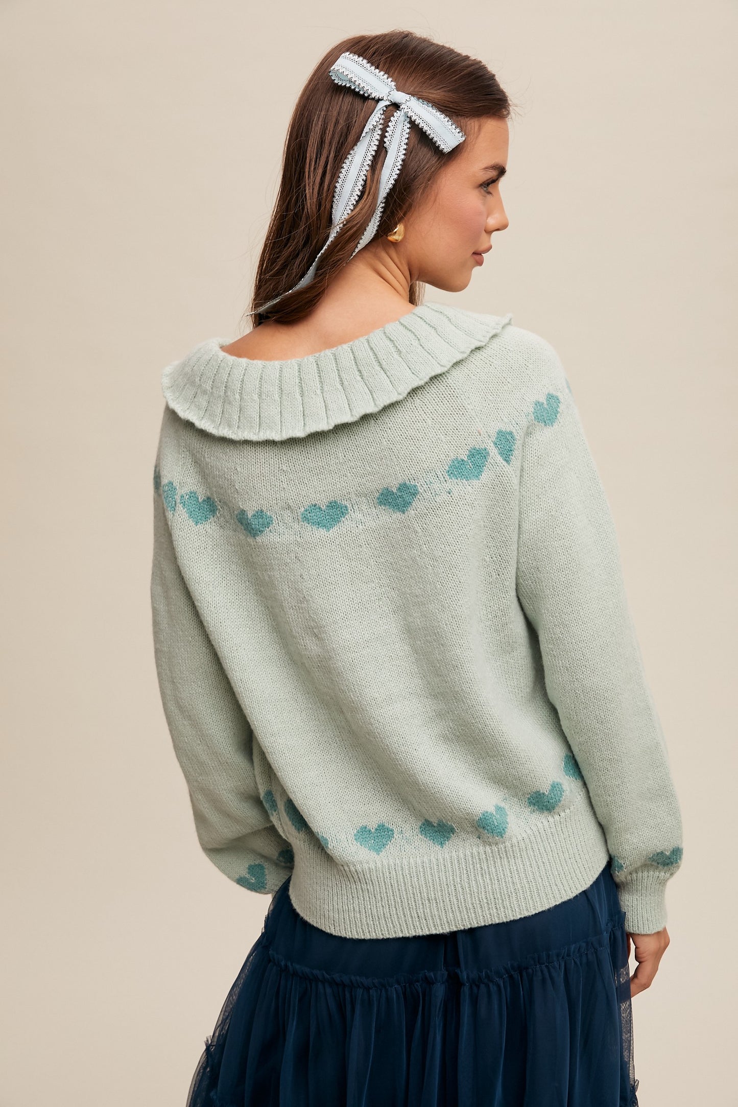 Mint Heart Ruffle Collar Knit Cardigan Sweater