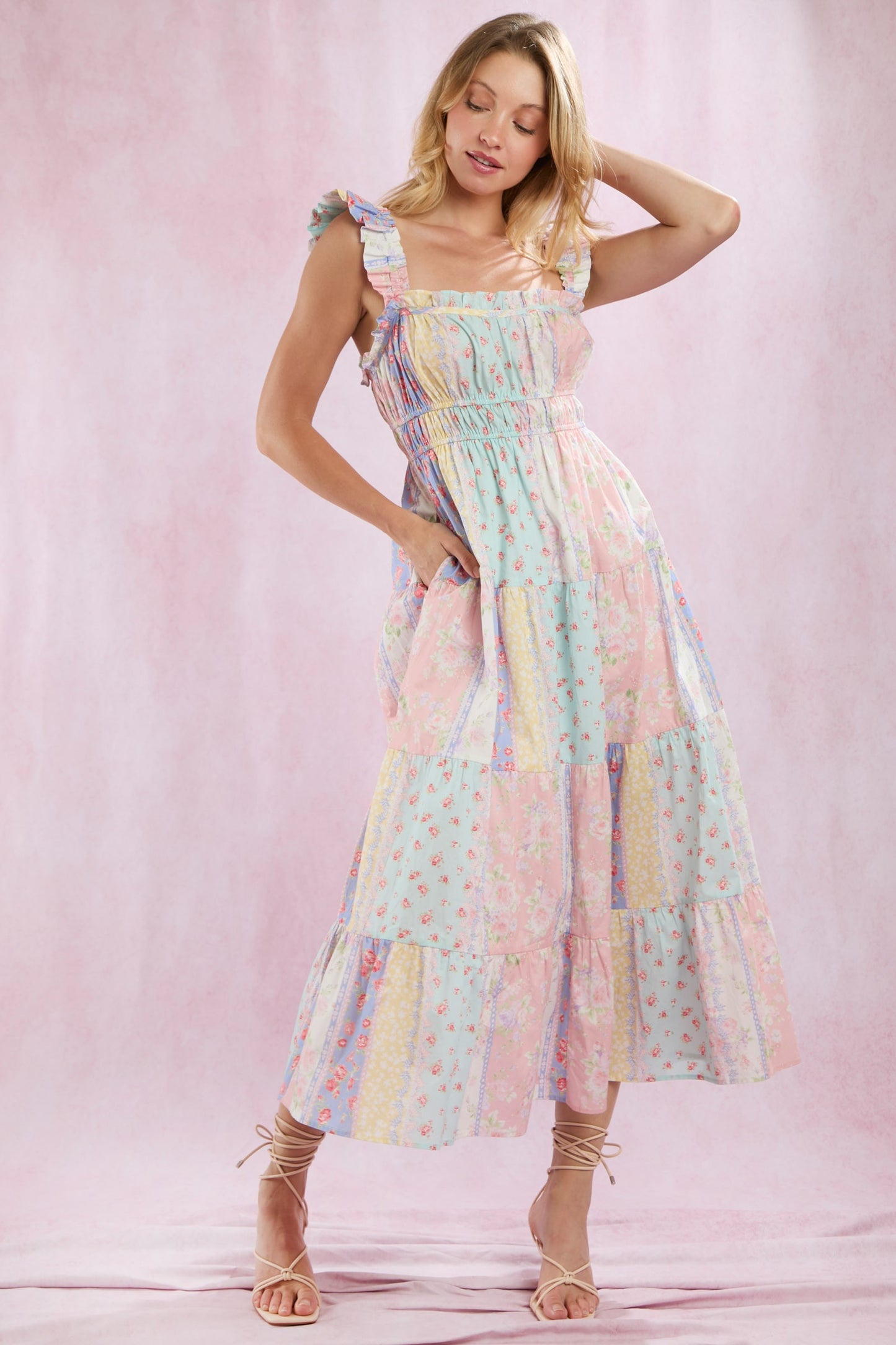 Pastel Cotton Poplin Mixed Prints Midi Dress
