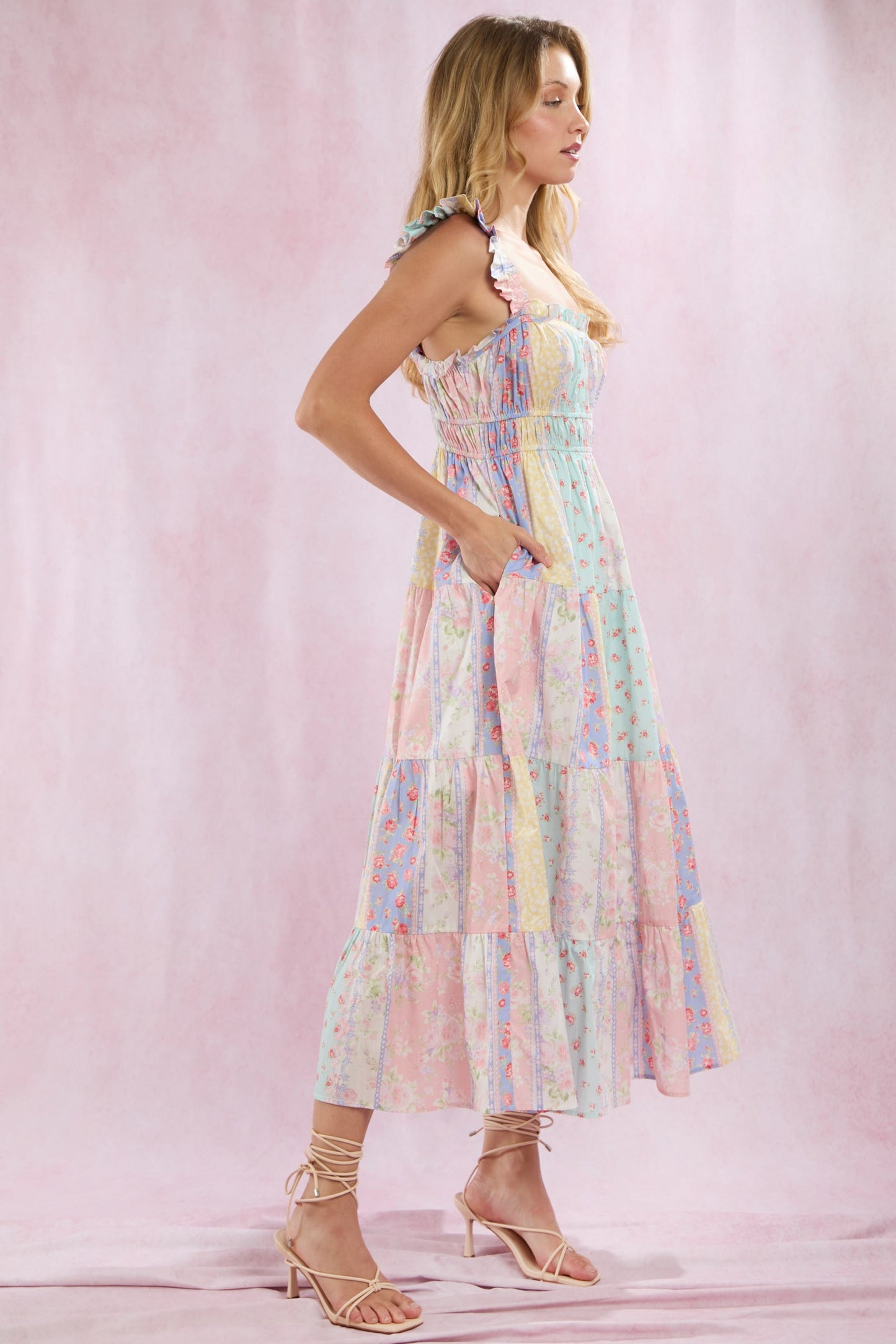 Pastel Cotton Poplin Mixed Prints Midi Dress