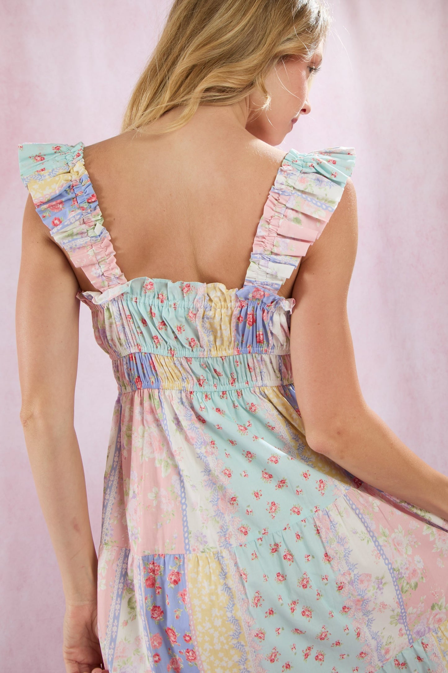 Pastel Cotton Poplin Mixed Prints Midi Dress
