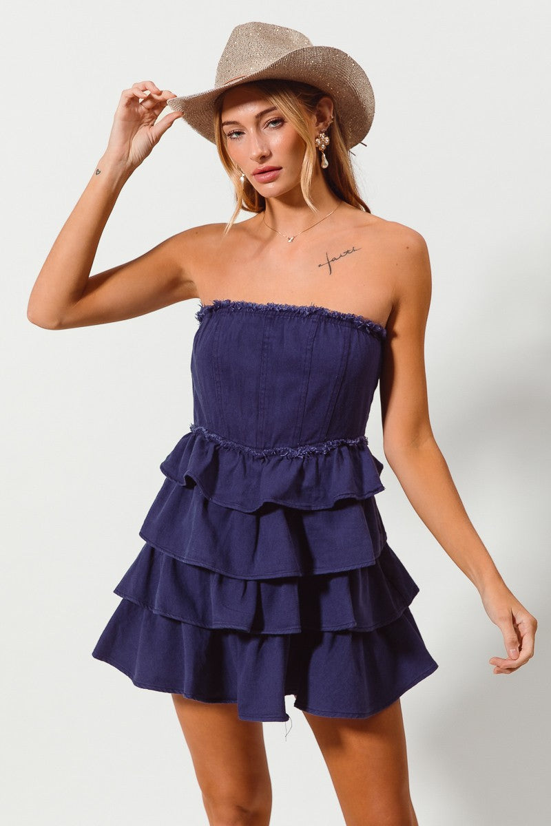 Navy Strapless Ruffle Tiered Dress