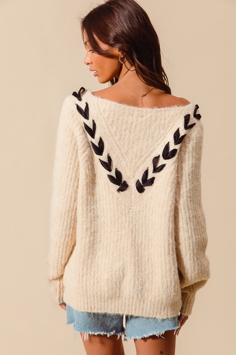 Olivia Oatmeal Satin Ribbon V-Neck Sweater