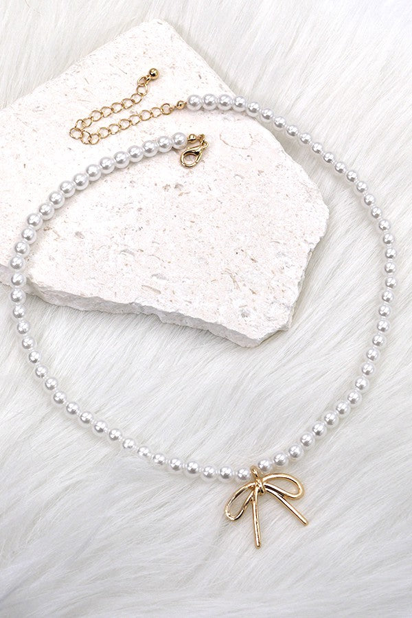 Elegant Pearl Bow Charm Necklace