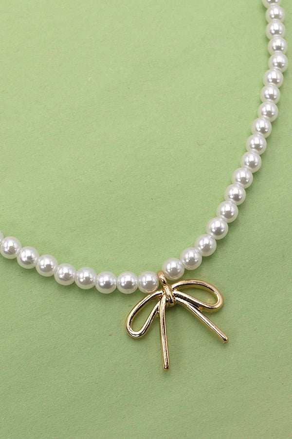 Elegant Pearl Bow Charm Necklace