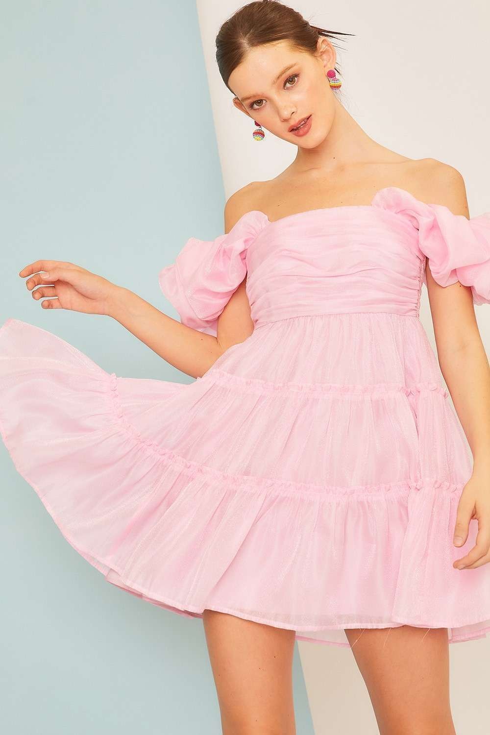 Pink Off The Shoulder Ruffle Babydoll Dress