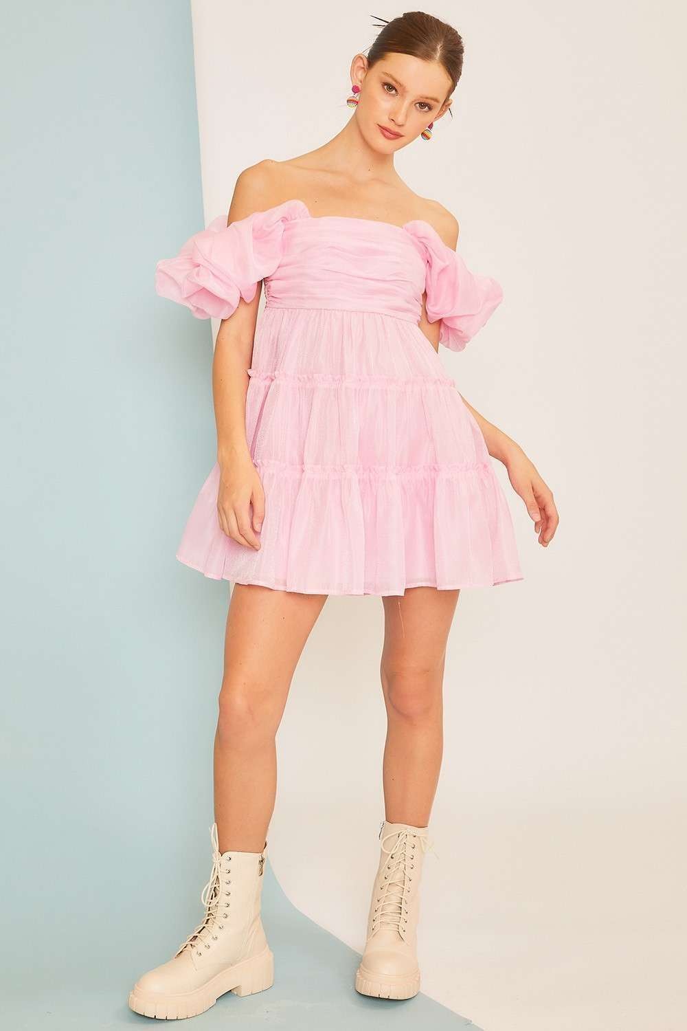 Pink Off The Shoulder Ruffle Babydoll Dress