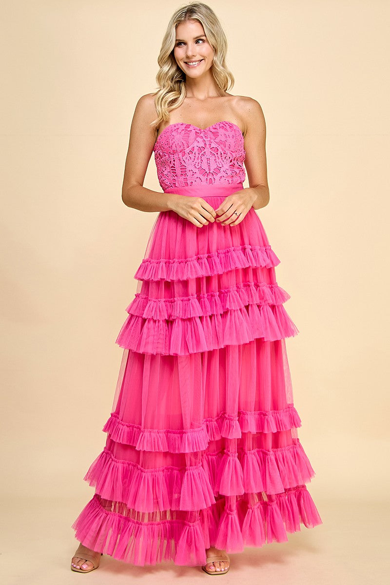Pink Lace and Tulle Maxi Dress