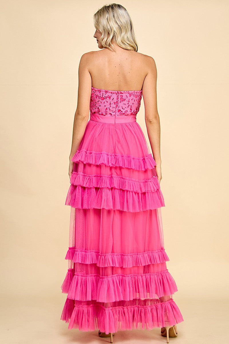 Pink Lace and Tulle Maxi Dress