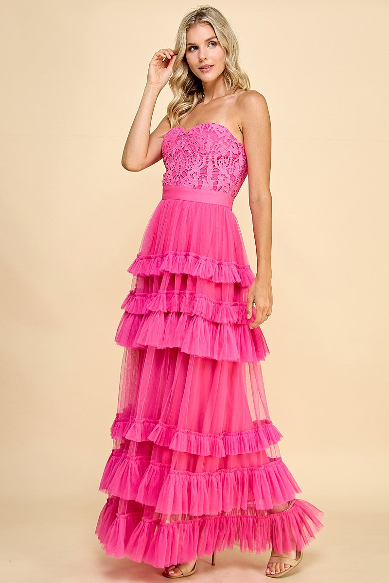 Pink Lace and Tulle Maxi Dress