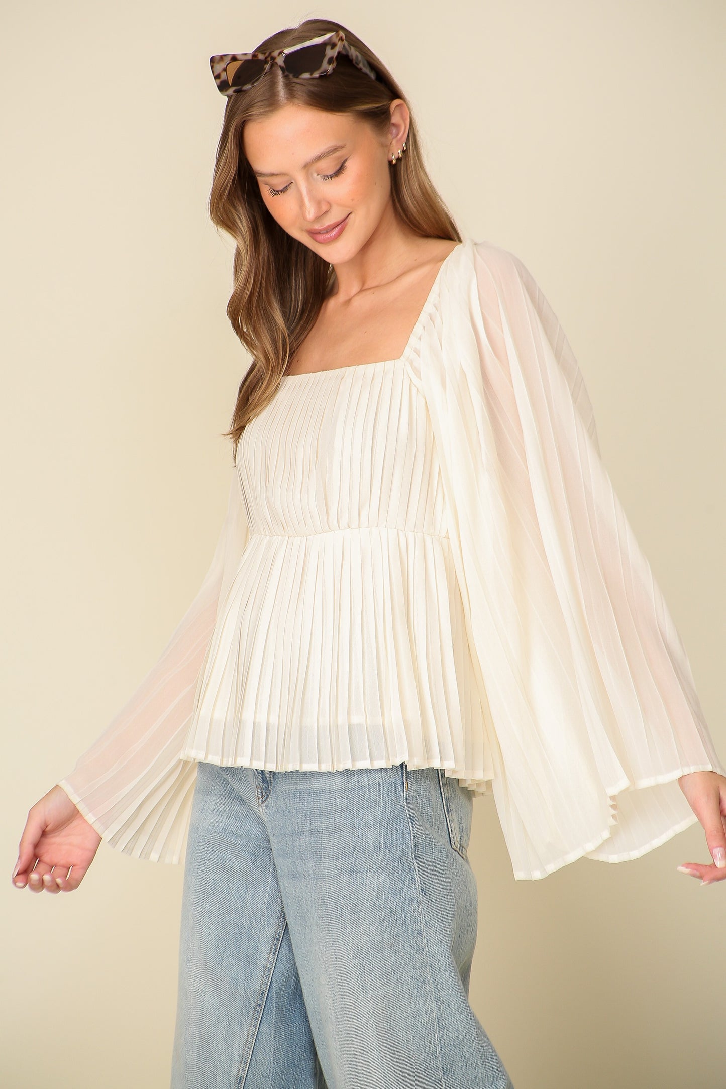 Ivory Pleated Bell Sleeve Blouse
