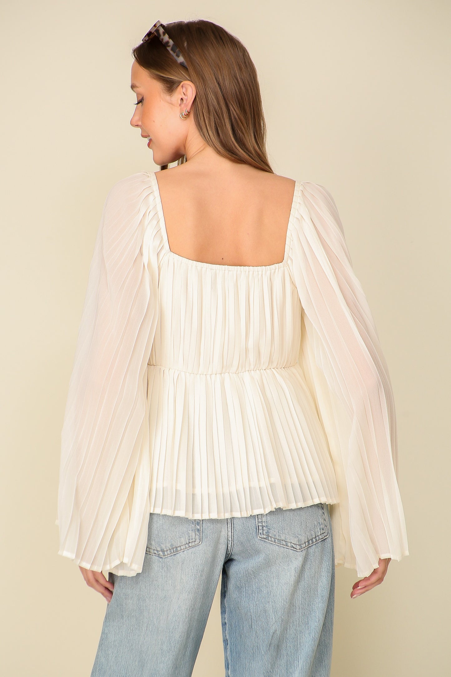 Ivory Pleated Bell Sleeve Blouse