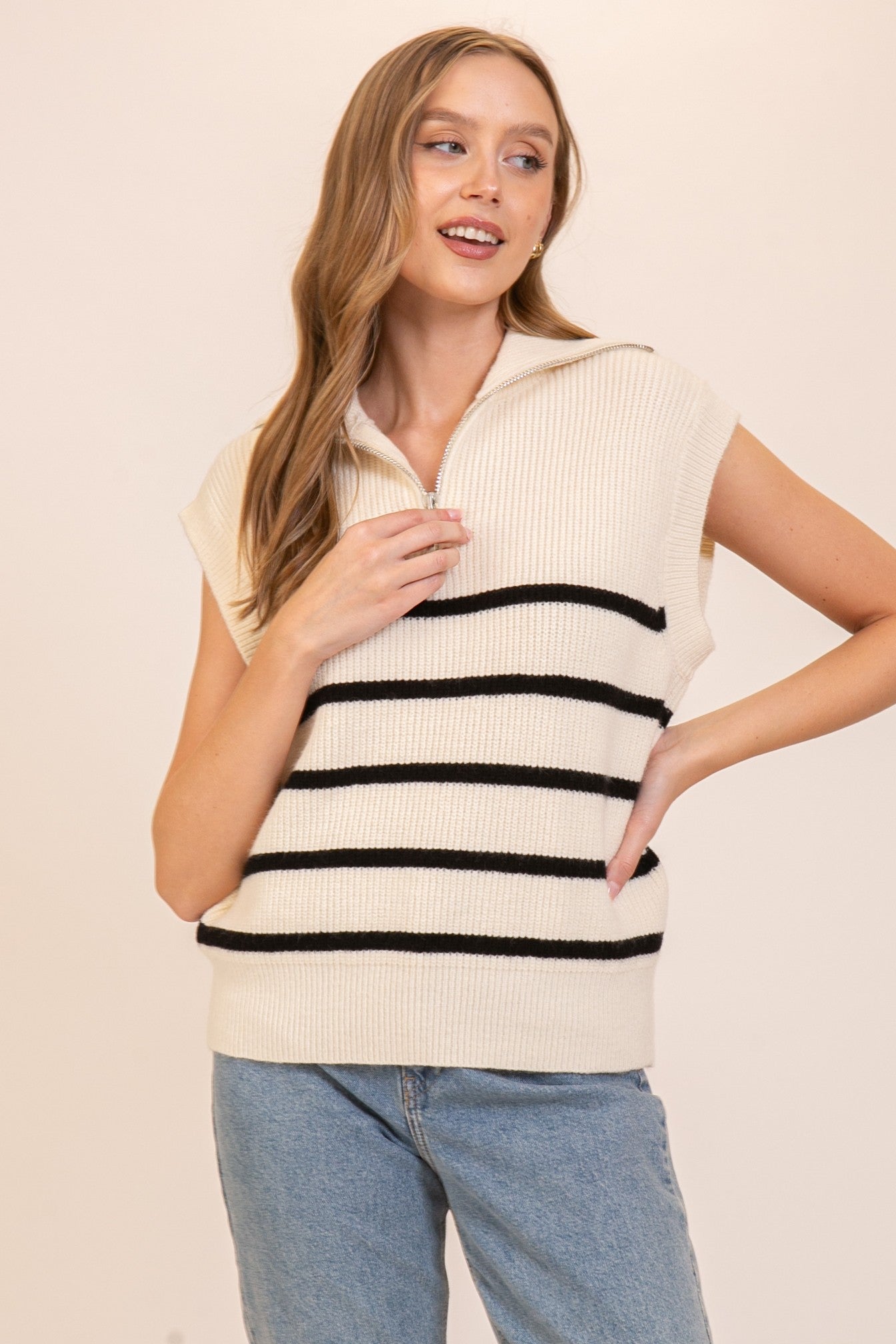 Striped Sleeveless Quarter Zip Sweater