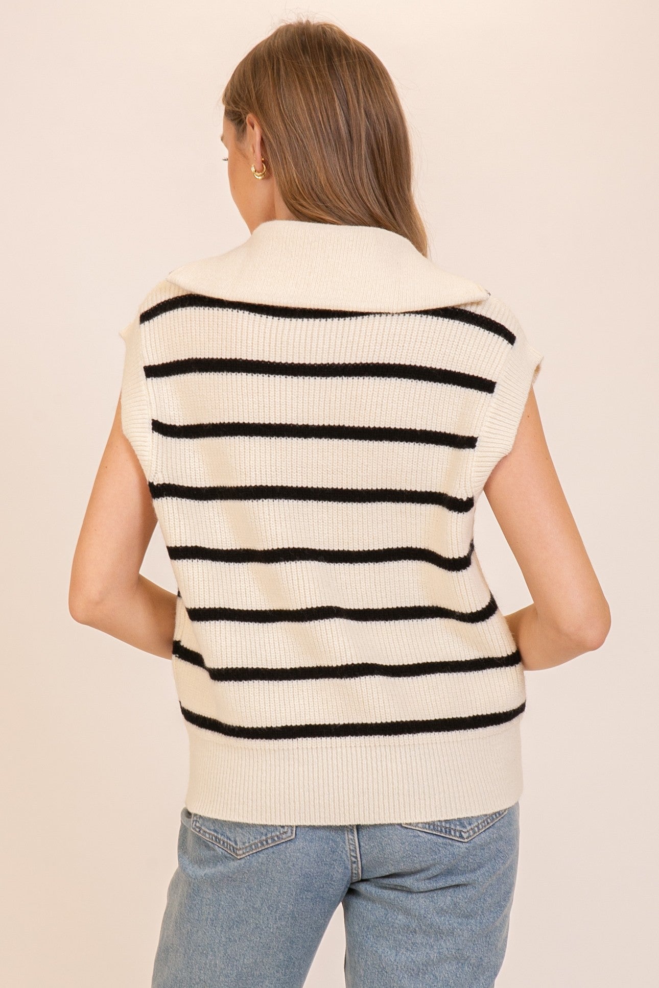 Striped Sleeveless Quarter Zip Sweater