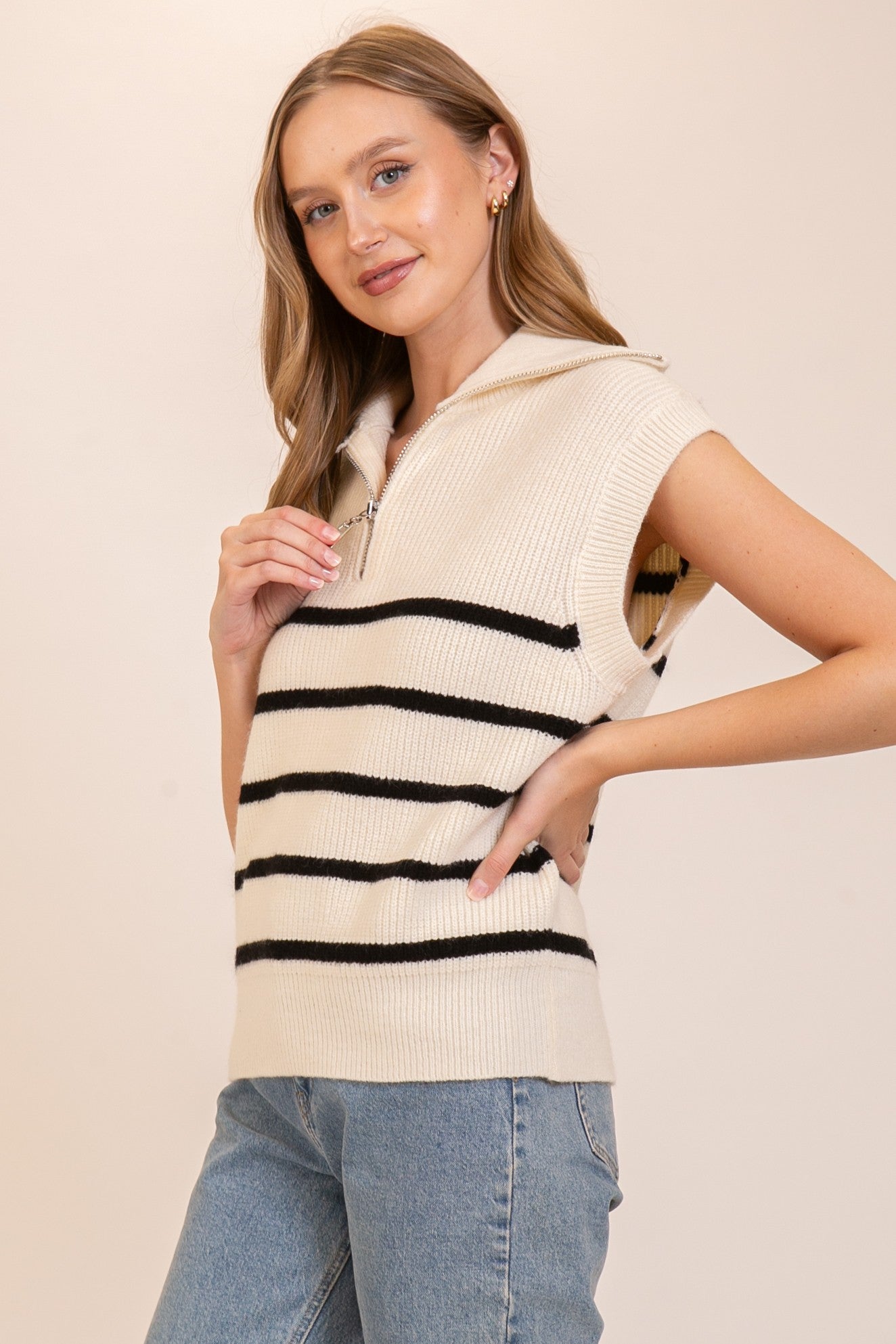 Striped Sleeveless Quarter Zip Sweater