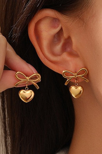 Gold Dipped Bow Heart Drop Earrings