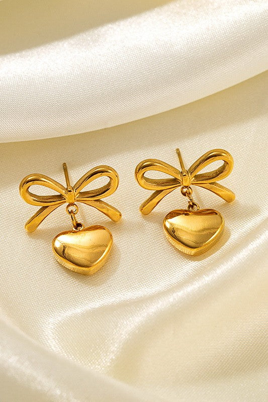 Gold Dipped Bow Heart Drop Earrings