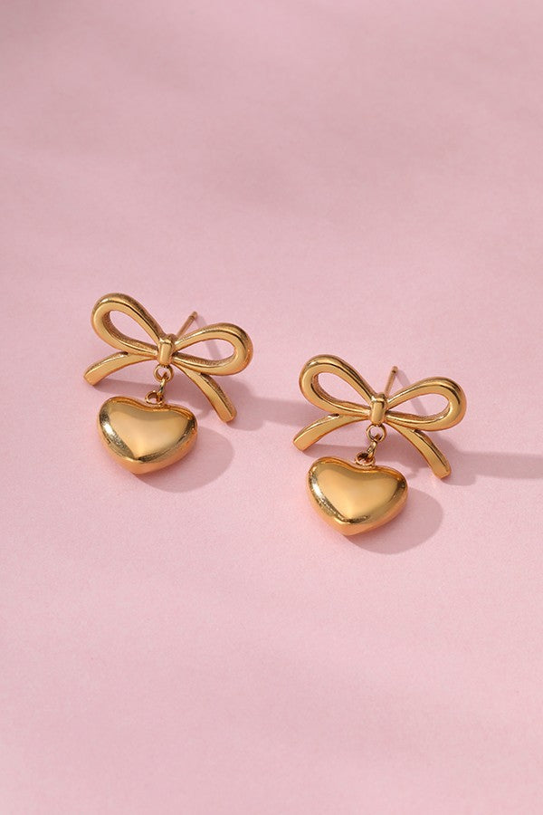 Gold Dipped Bow Heart Drop Earrings