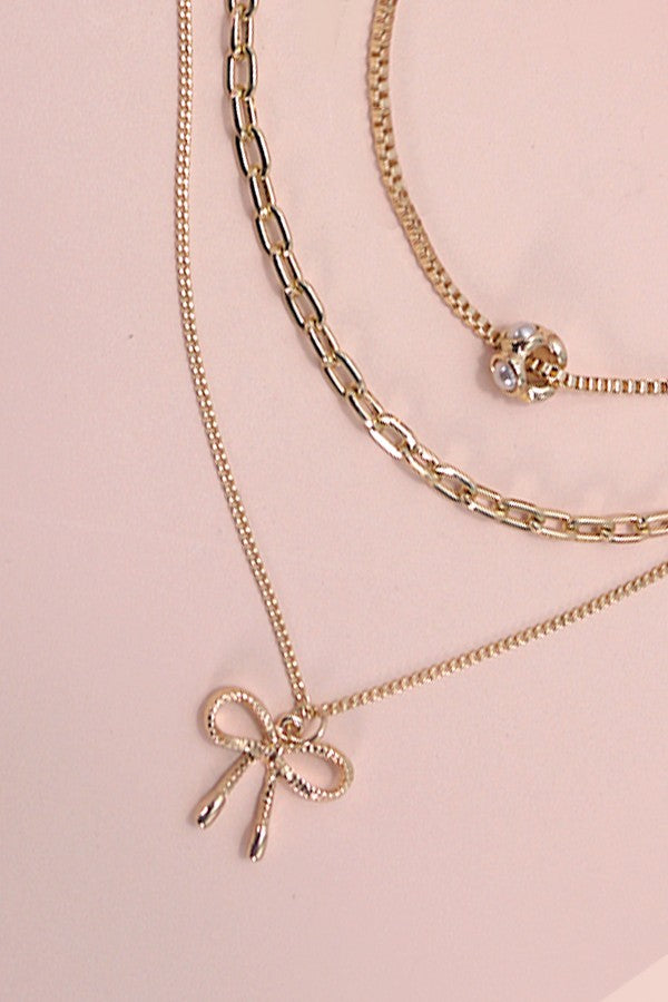 Bow Charm Pearl Multi-Layered Necklace
