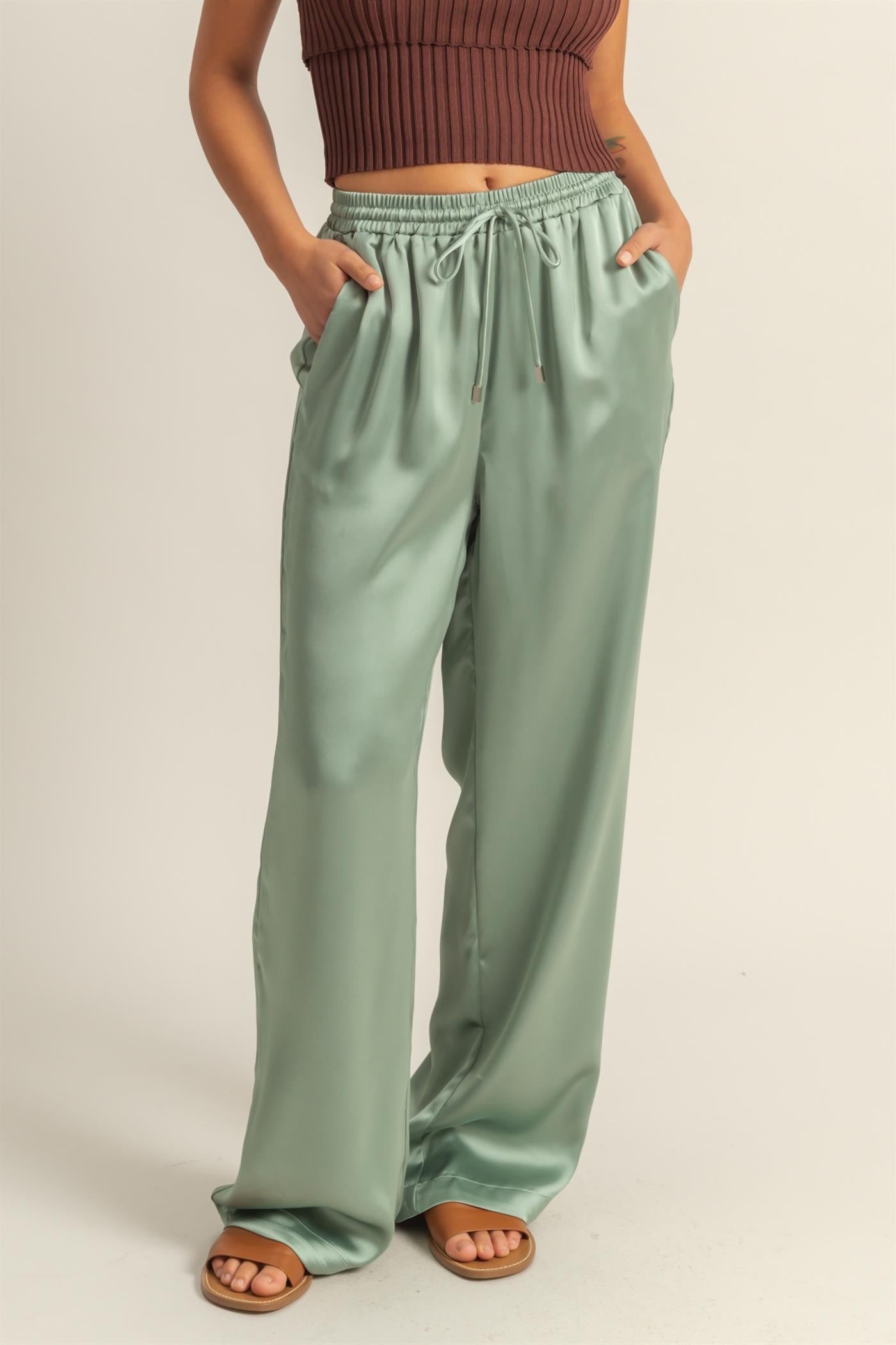 Sage Wide Leg Drawstring Waist Pants